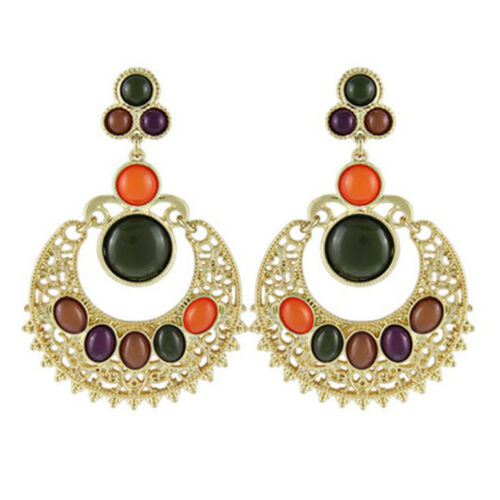 Ethnic Colorful Alloy diamond crescent earrings   DARK GREEN+ORANGE