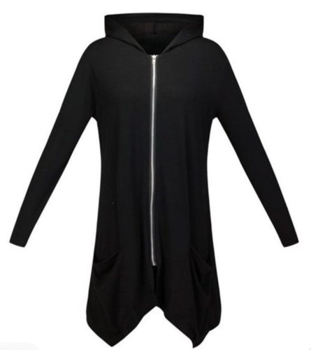 Women's Black Zip Up Long Hoodie Top with Asymmetric Edge Spring Autumn Fall