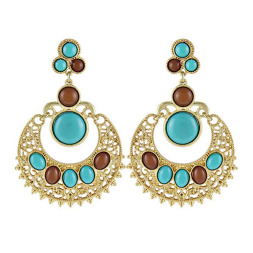 Ethnic Colorful Alloy diamond crescent earrings   SKY BLUE+COFFEE