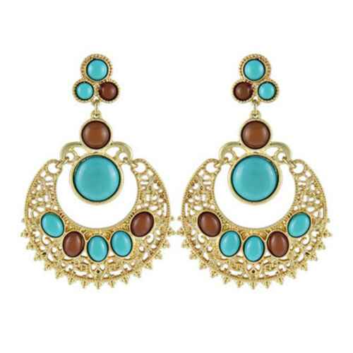 Ethnic Colorful Alloy diamond crescent earrings   SKY BLUE+COFFEE