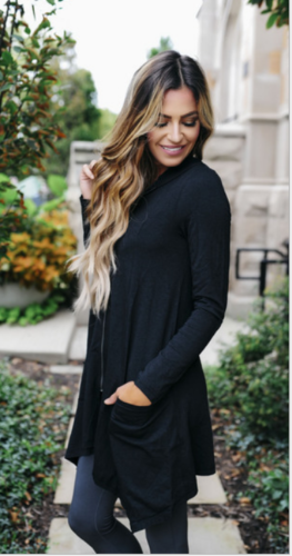 Women's Black Zip Up Long Hoodie Top with Asymmetric Edge Spring Autumn Fall
