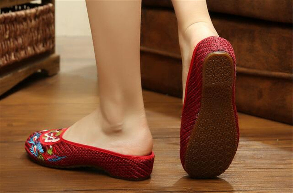 Chinese Shoes for Women in Wine Red Cotton Embroidery & Flat Floral Design - Mega Save Wholesale & Retail - 2