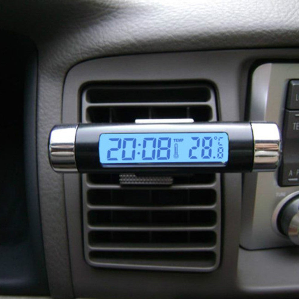2 In 1 LCD Display Thermometer Car Electronic Clock Type Of Air Outlet Clamp Electronic Clock Car Accessory - Mega Save Wholesale & Retail