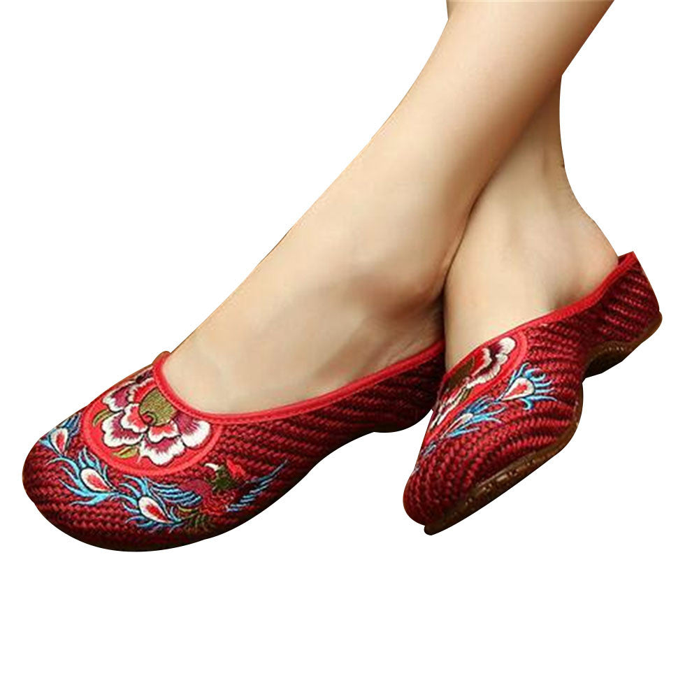 Chinese Shoes for Women in Wine Red Cotton Embroidery & Flat Floral Design - Mega Save Wholesale & Retail - 1