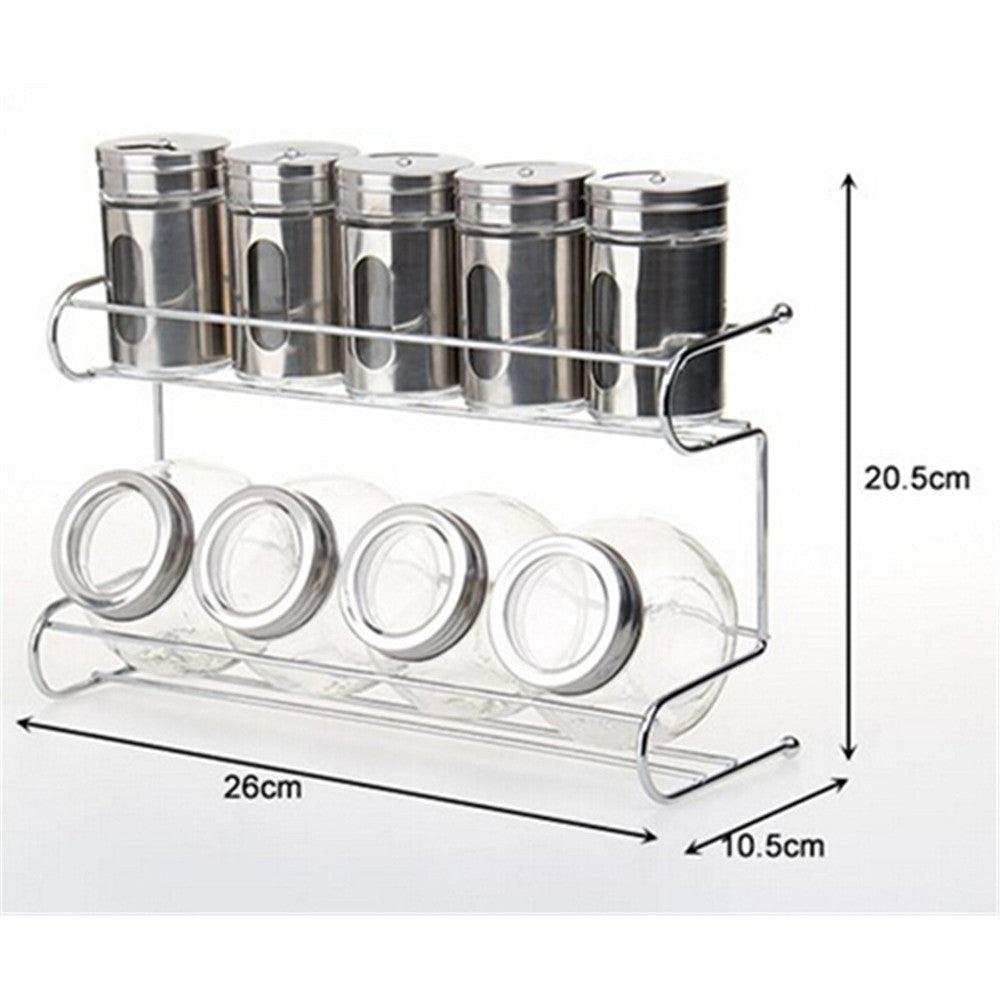 9 Canister Metal & Glass Spice Shakers Glass Jars 2 Tier Wire Rack Display   Silver - Mega Save Wholesale & Retail - 3