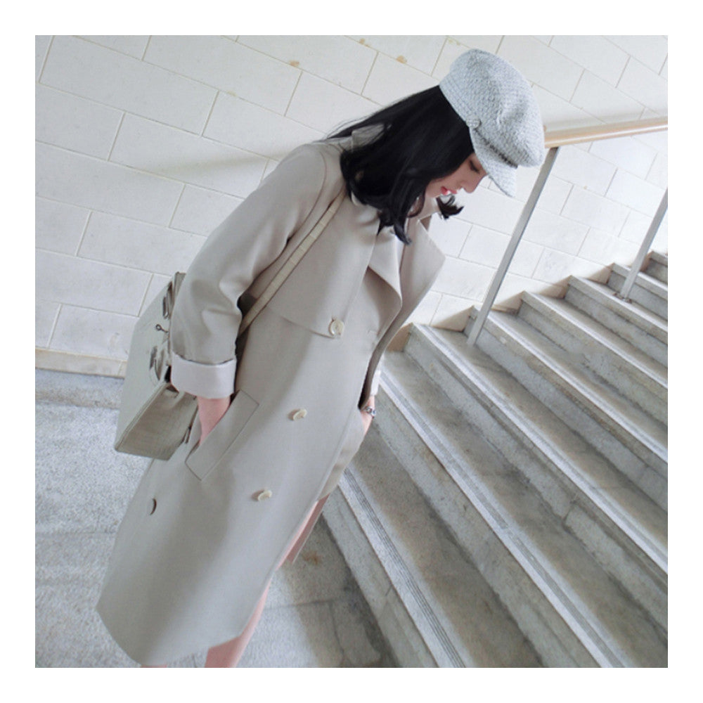 Double-breasted Woman Middle Long Solid Color Wind Coat   beige   S - Mega Save Wholesale & Retail - 2