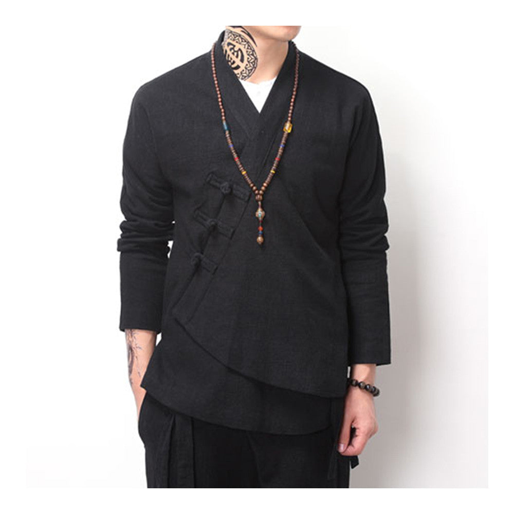 Flax Slant Opening Plate Button Stand Collar Coat   black  M - Mega Save Wholesale & Retail - 1