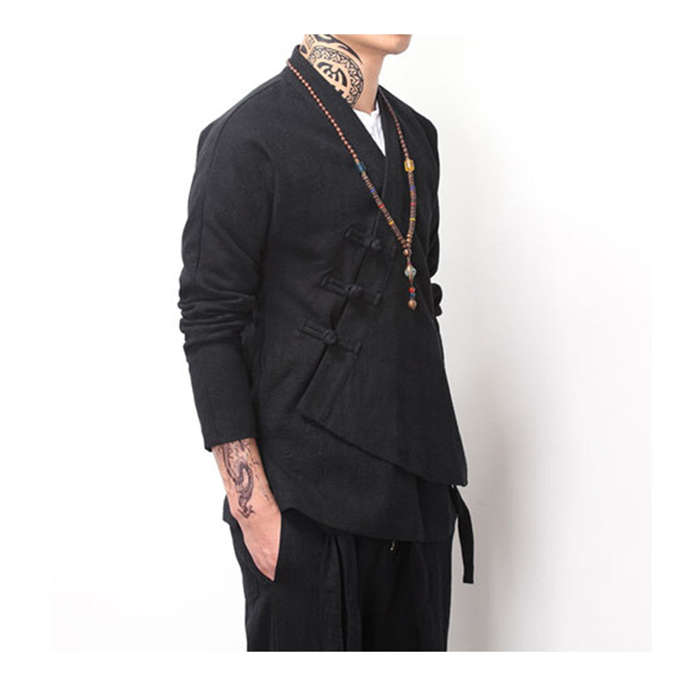 Flax Slant Opening Plate Button Stand Collar Coat   black  M - Mega Save Wholesale & Retail - 2