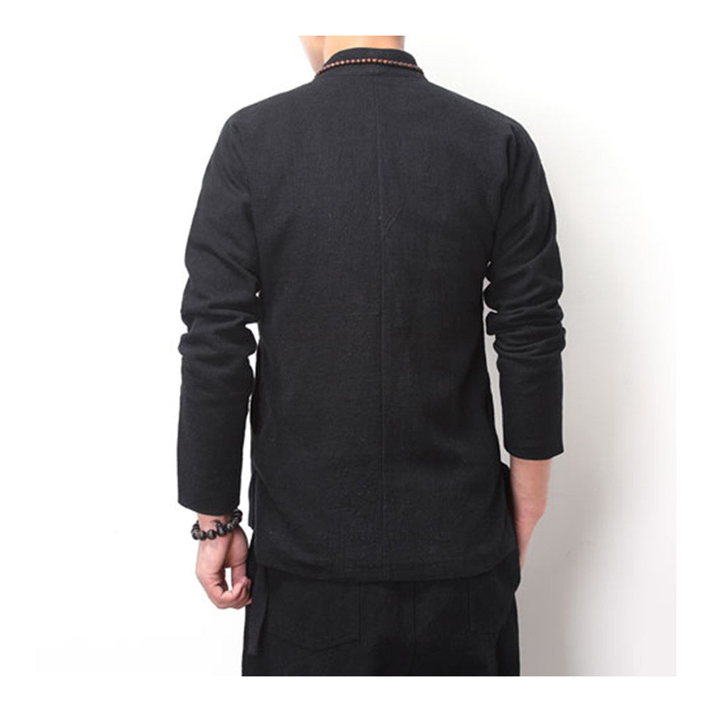 Flax Slant Opening Plate Button Stand Collar Coat   black  M - Mega Save Wholesale & Retail - 4