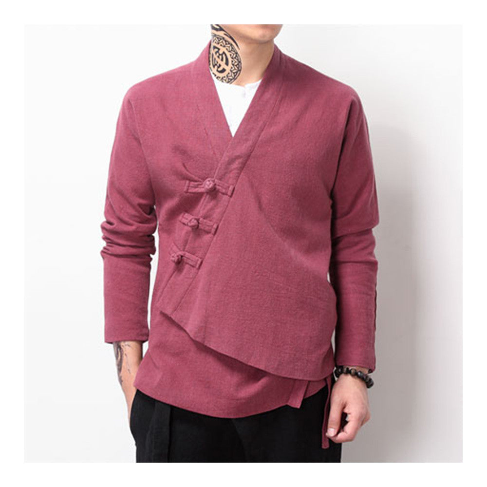 Flax Slant Opening Plate Button Stand Collar Coat  wine red  M - Mega Save Wholesale & Retail - 1