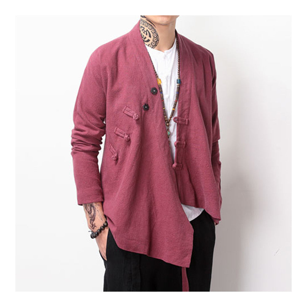 Flax Slant Opening Plate Button Stand Collar Coat  wine red  M - Mega Save Wholesale & Retail - 2