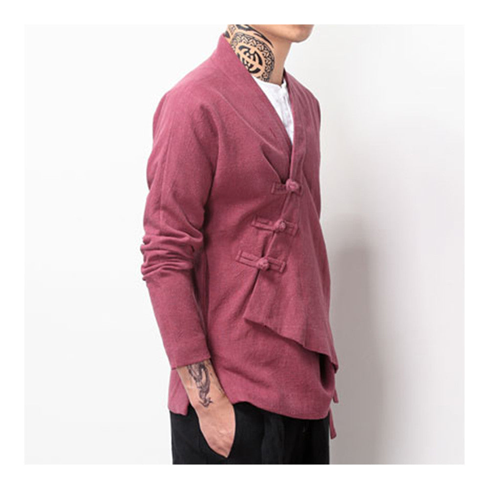 Flax Slant Opening Plate Button Stand Collar Coat  wine red  M - Mega Save Wholesale & Retail - 3