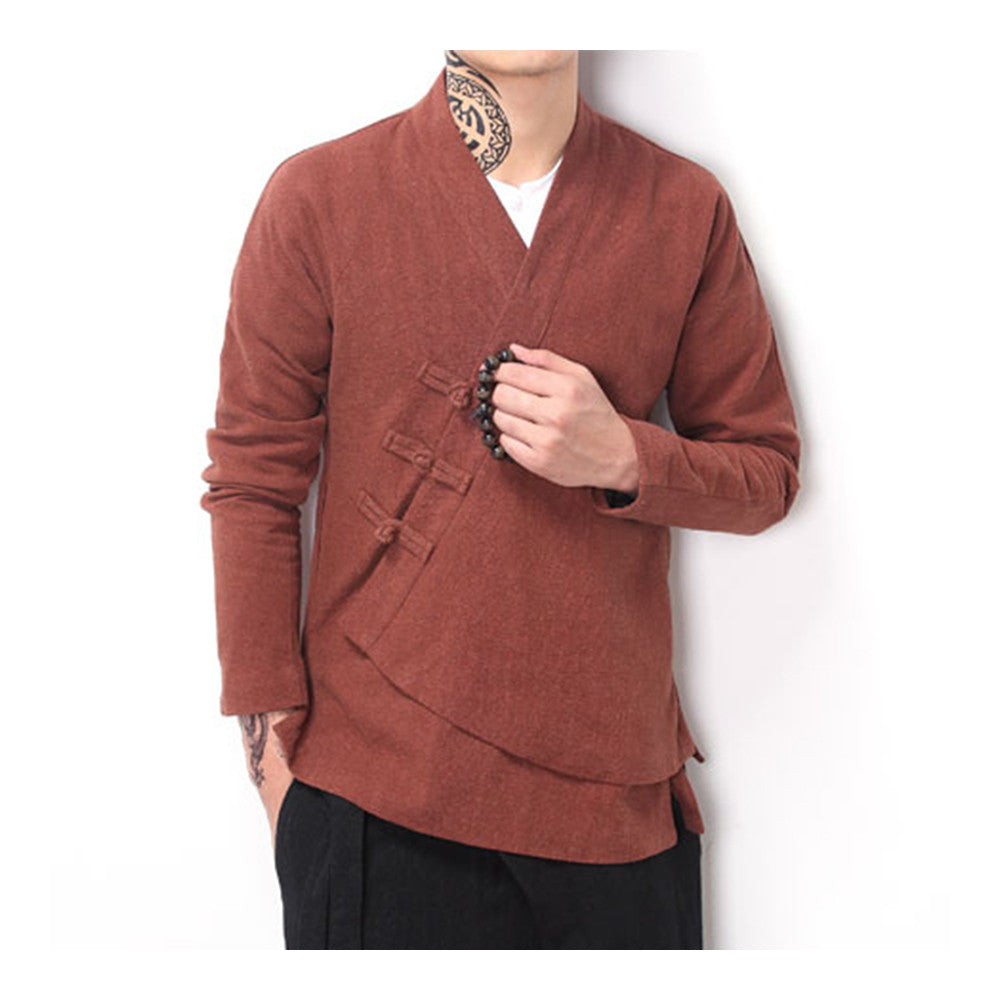 Flax Slant Opening Plate Button Stand Collar Coat  coffee  M - Mega Save Wholesale & Retail - 1