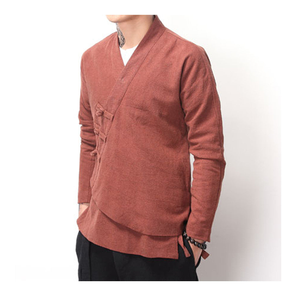 Flax Slant Opening Plate Button Stand Collar Coat  coffee  M - Mega Save Wholesale & Retail - 2