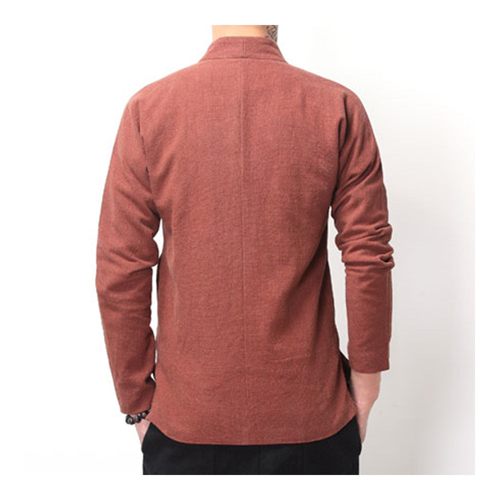 Flax Slant Opening Plate Button Stand Collar Coat  coffee  M - Mega Save Wholesale & Retail - 4