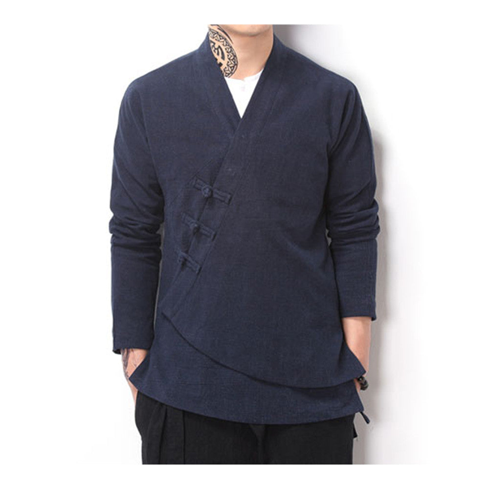 Flax Slant Opening Plate Button Stand Collar Coat  navy  M - Mega Save Wholesale & Retail - 1