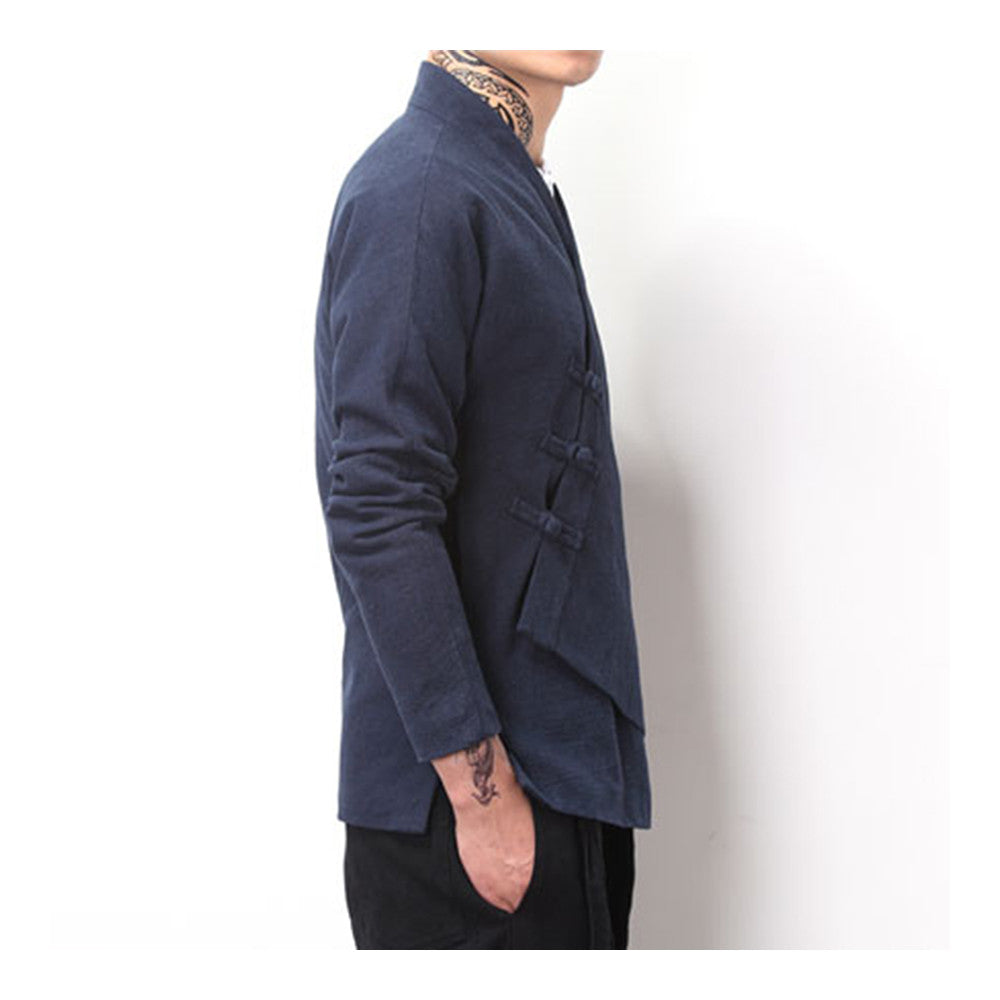 Flax Slant Opening Plate Button Stand Collar Coat  navy  M - Mega Save Wholesale & Retail - 3