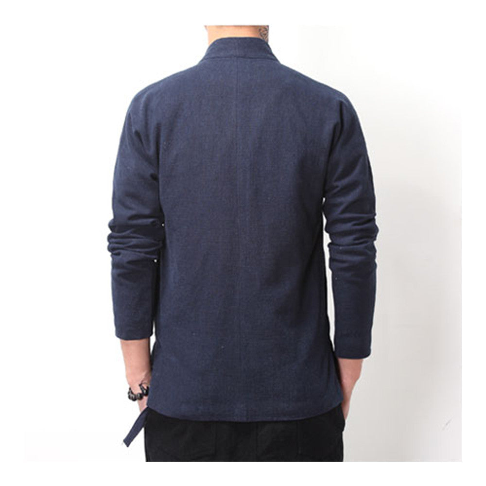 Flax Slant Opening Plate Button Stand Collar Coat  navy  M - Mega Save Wholesale & Retail - 4