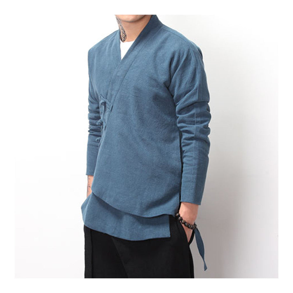 Flax Slant Opening Plate Button Stand Collar Coat  peacock blue  M - Mega Save Wholesale & Retail - 2