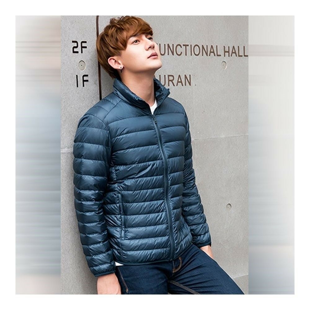 Light Thin Down Coat Man Stand Collar Winter Plus Size   dark blue
