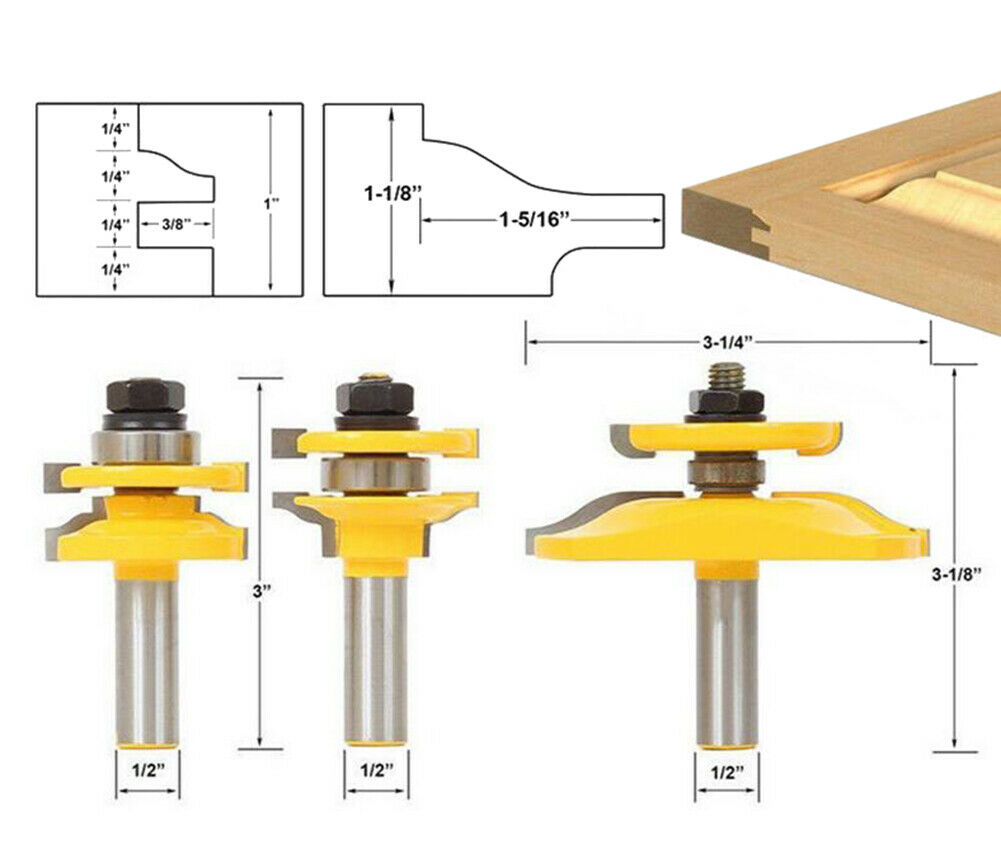 1/2" Shank Ogee Rail and Stile Router 3 Bits Set Raised Panel Cabinet Door