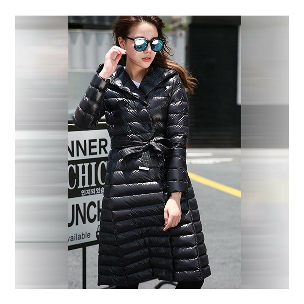 Hooded Thin Light Middle Long Down Coat Slim Woman    black