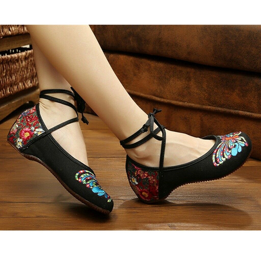 Vintage Chinese Embroidered Floral Shoes Women Ballerina Mary Jane Flat Ballet C