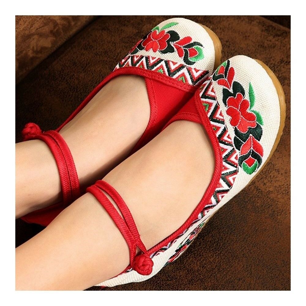 Old Beijing Cloth Embroidered Shoes Flax   red