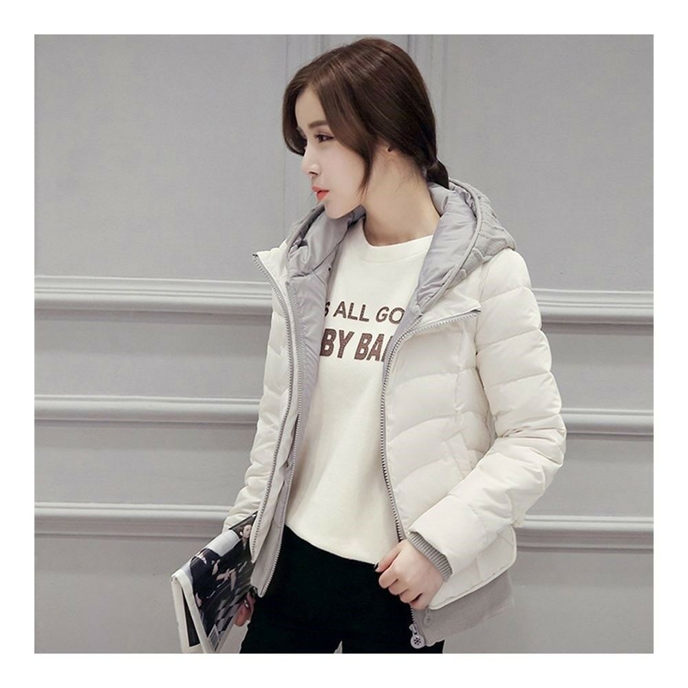 Hooded Down Coat Woman Slim Warm Screw Thread Chic   white