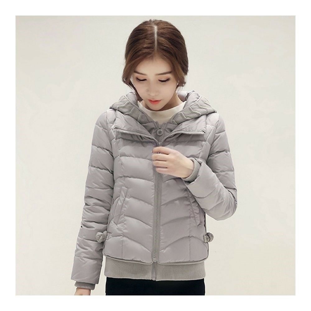 Hooded Down Coat Woman Slim Warm Screw Thread Chic   grey
