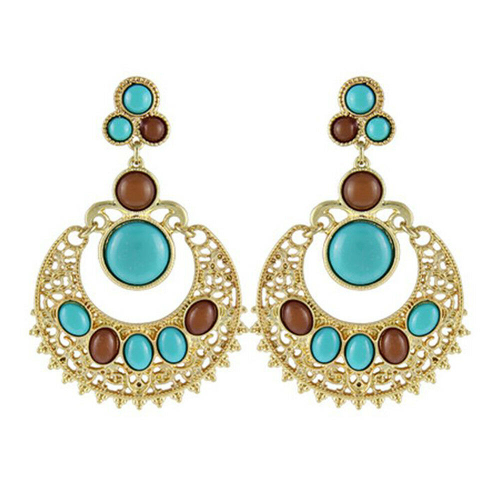 Ethnic Colorful Alloy diamond crescent earrings   SKY BLUE+COFFEE