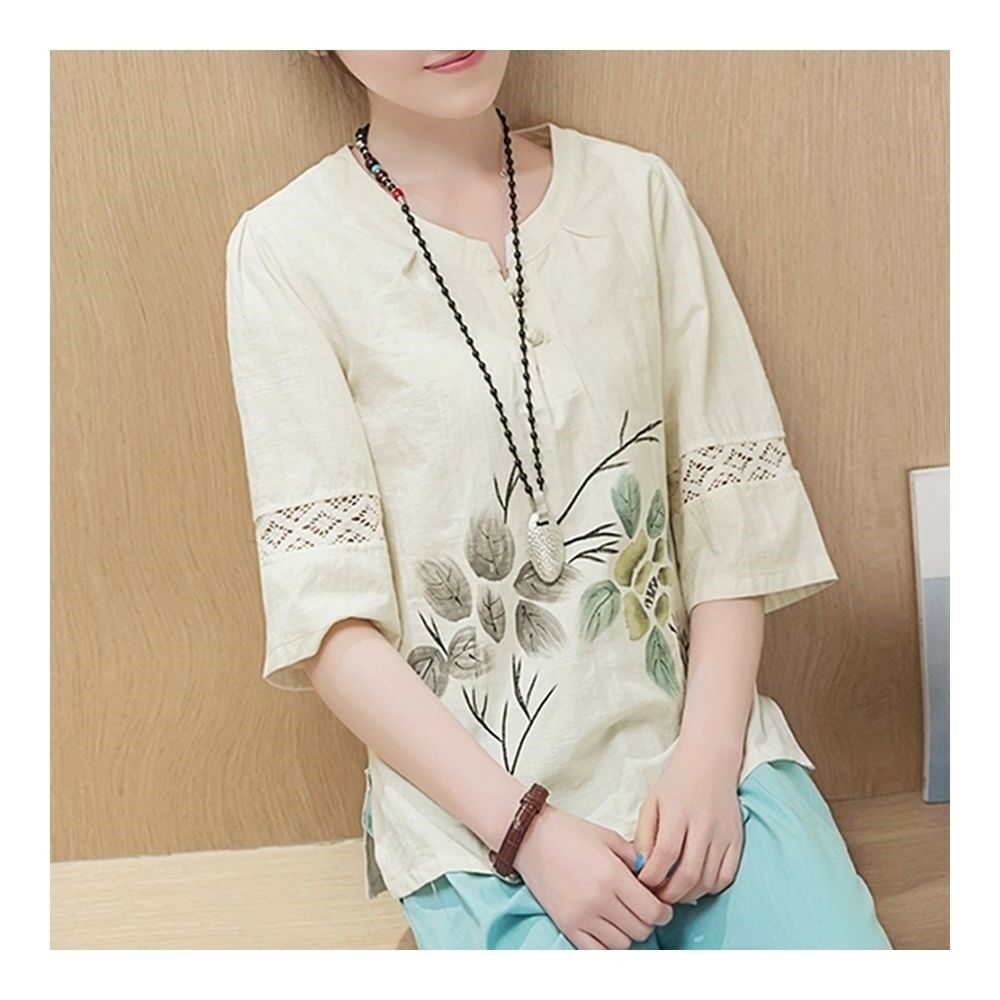 Han Chinese Clothing Improved Cotton&Flax Top Wear   beige
