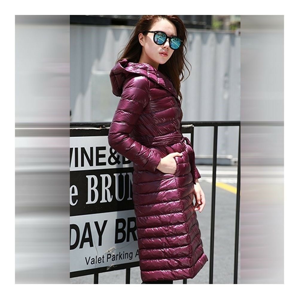 Hooded Thin Light Middle Long Down Coat Slim Woman   wine red