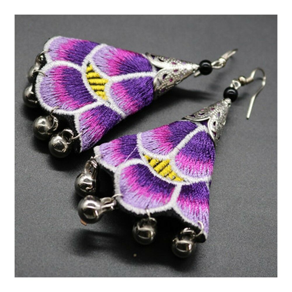 Vintage Cloth Bell Embroidery Long Earrings
