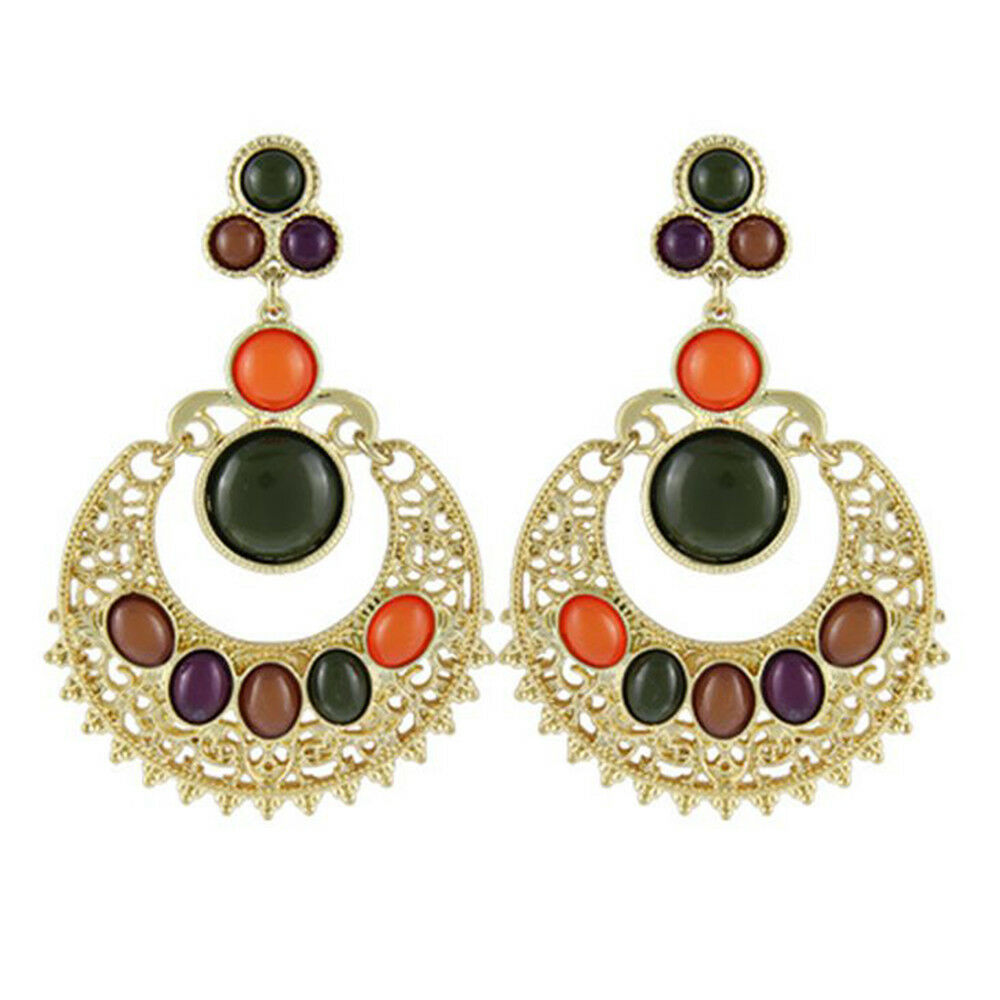 Ethnic Colorful Alloy diamond crescent earrings   DARK GREEN+ORANGE