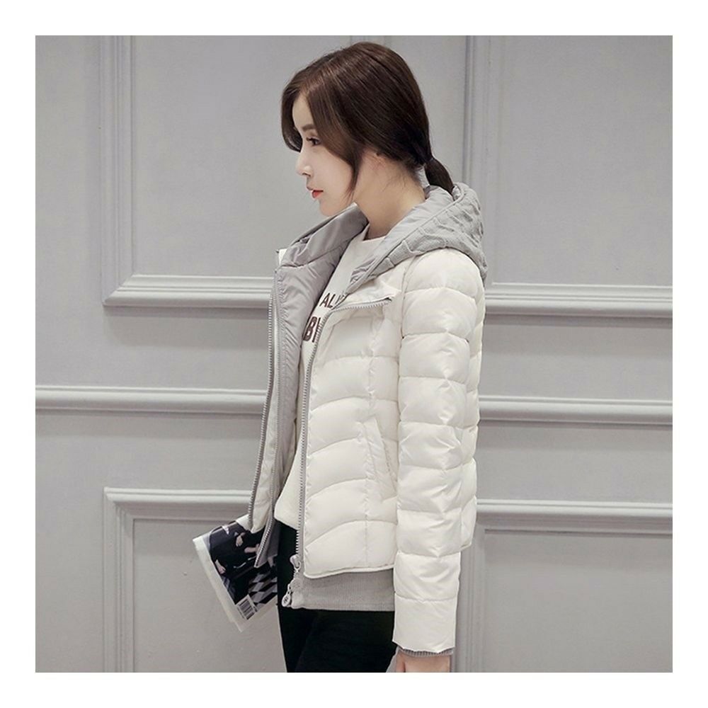 Hooded Down Coat Woman Slim Warm Screw Thread Chic   white