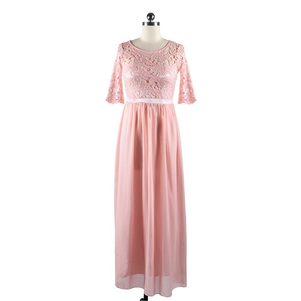 Lace Macrame Sexy Chiffon Full Dress   pink