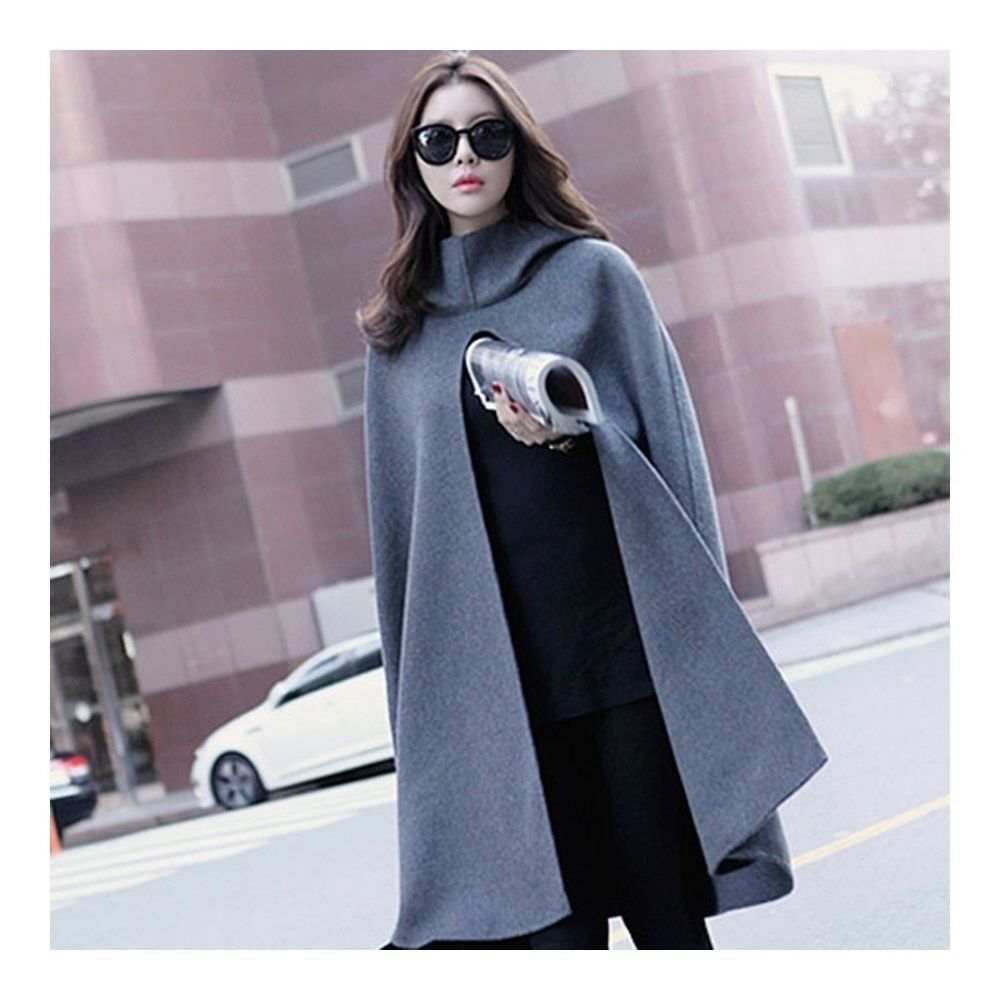 Hooded Cocoon Shape Coat Woman Middle Long Cloak  S