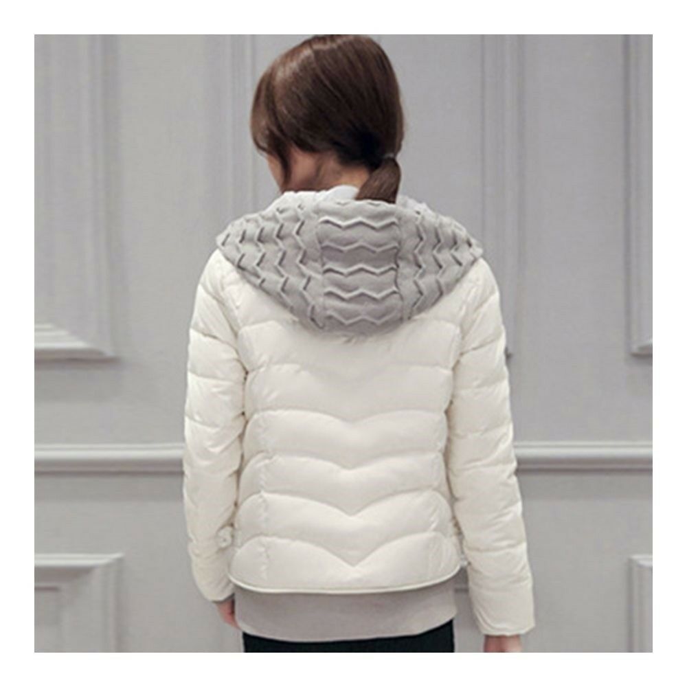 Hooded Down Coat Woman Slim Warm Screw Thread Chic   white
