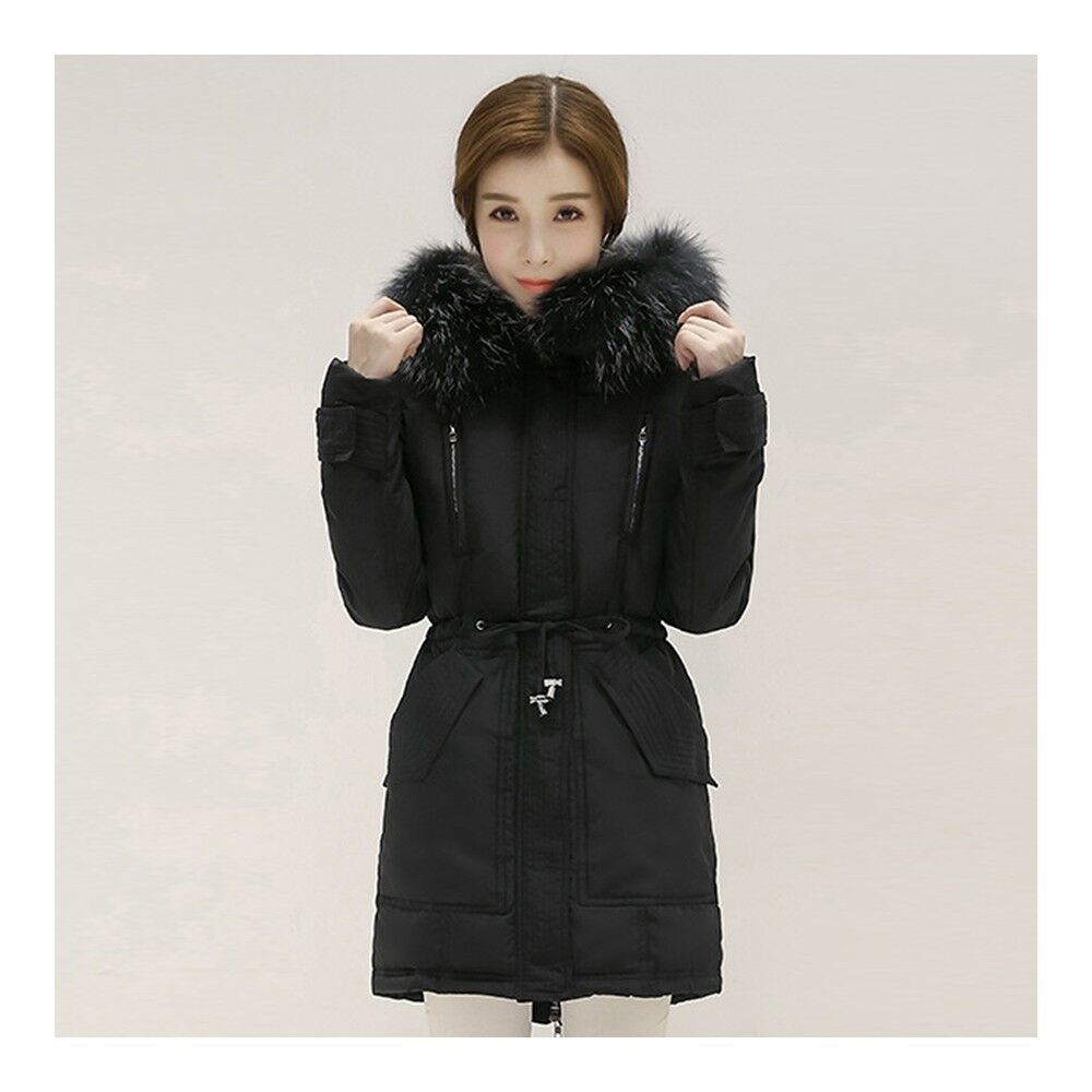 Hooded Middle Long Racoon Down Coat Woman Slim Warm   black