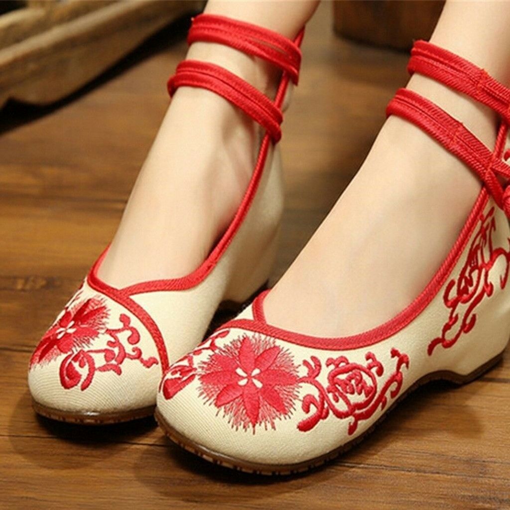 Vintage Chinese Embroidered Floral Shoes Women Ballerina Mary Jane Flat Ballet C