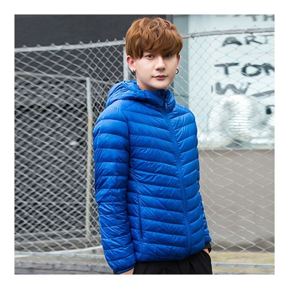 Light Thin Short Down Coat Man Hooded Fashionable   blue