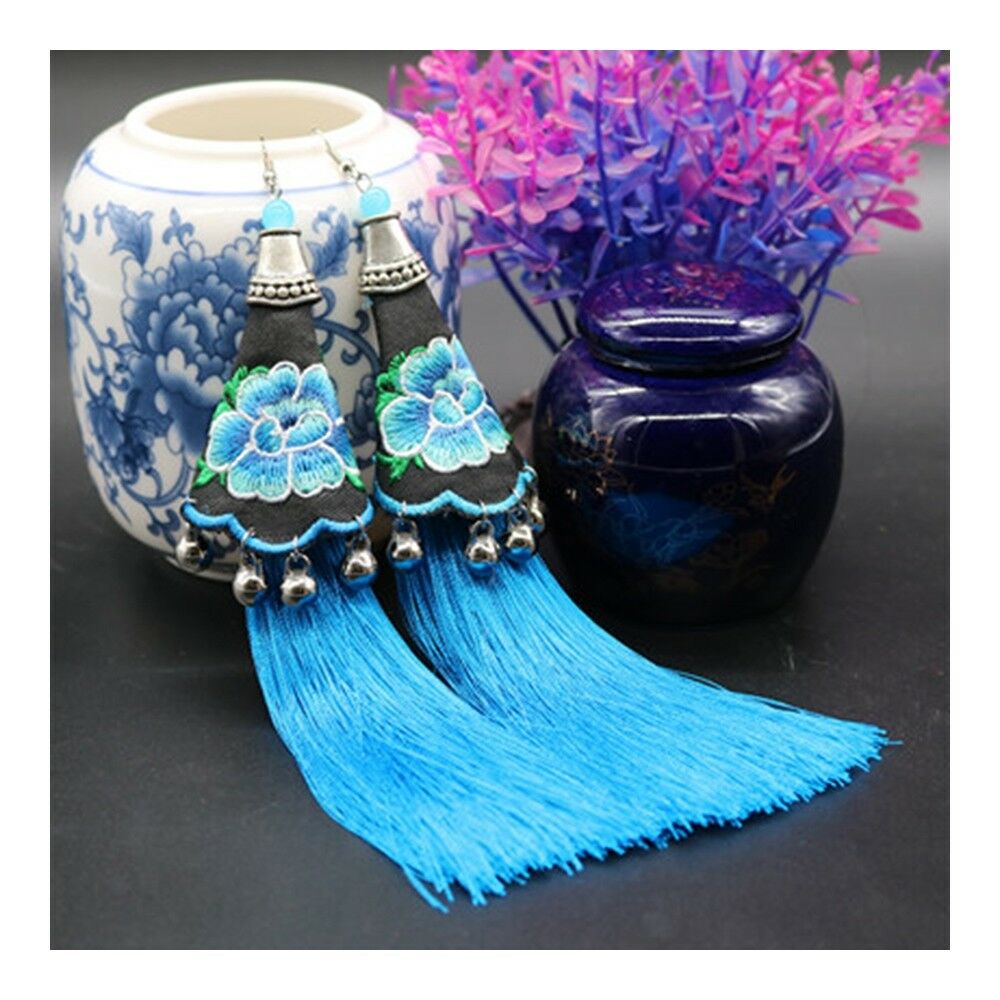 Black Embroidery Bell Tassel Long Earrings Bridal Wedding