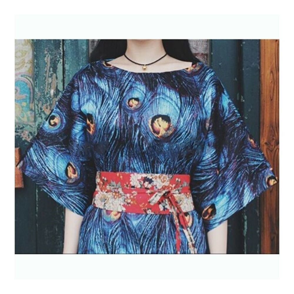 Kimono Style Peacock Printing Dress  S