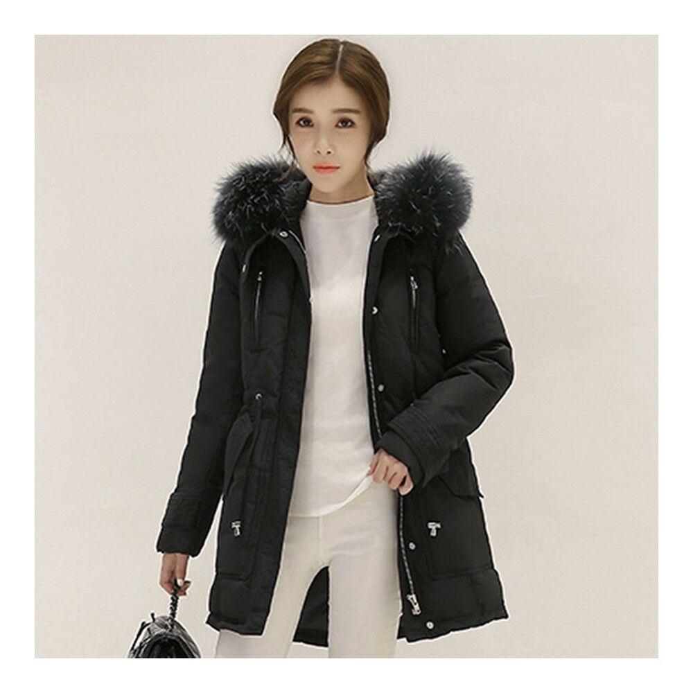 Hooded Middle Long Racoon Down Coat Woman Slim Warm   black