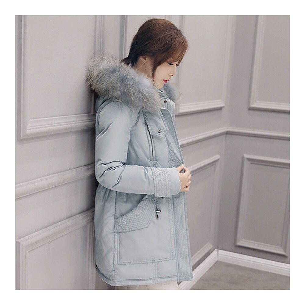 Hooded Middle Long Racoon Down Coat Woman Slim Warm   grey blue