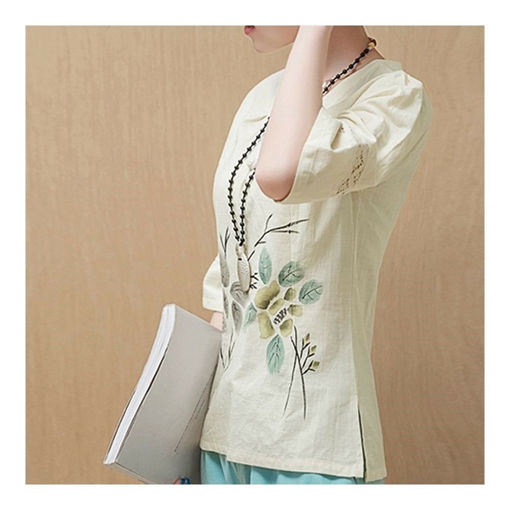 Han Chinese Clothing Improved Cotton&Flax Top Wear   beige