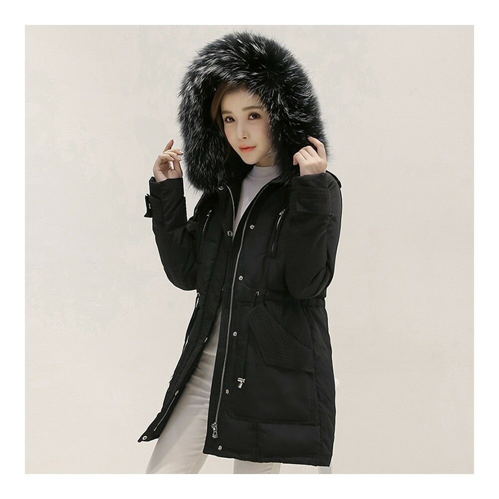 Hooded Middle Long Racoon Down Coat Woman Slim Warm   black