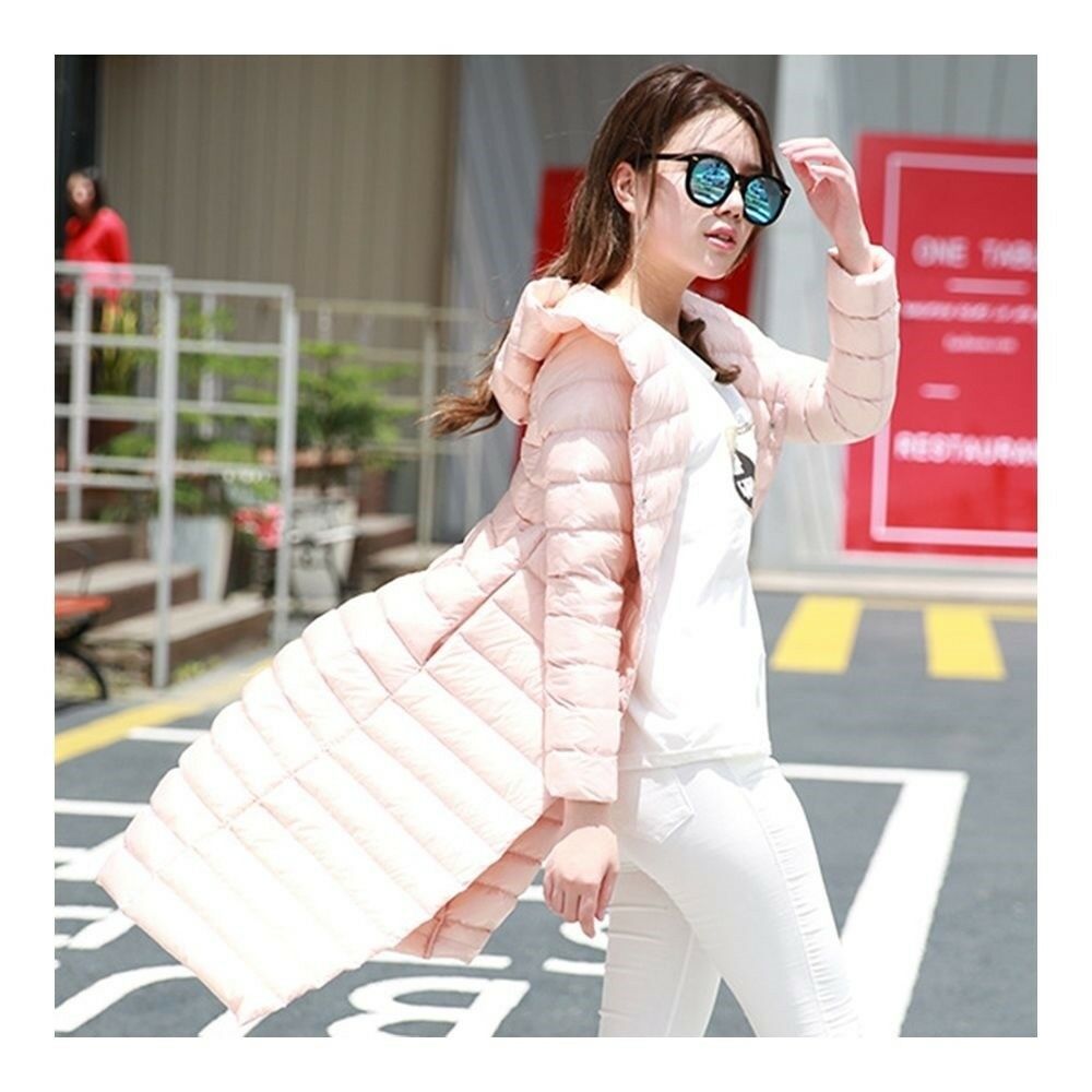 Hooded Thin Light Middle Long Down Coat Slim Woman    pink