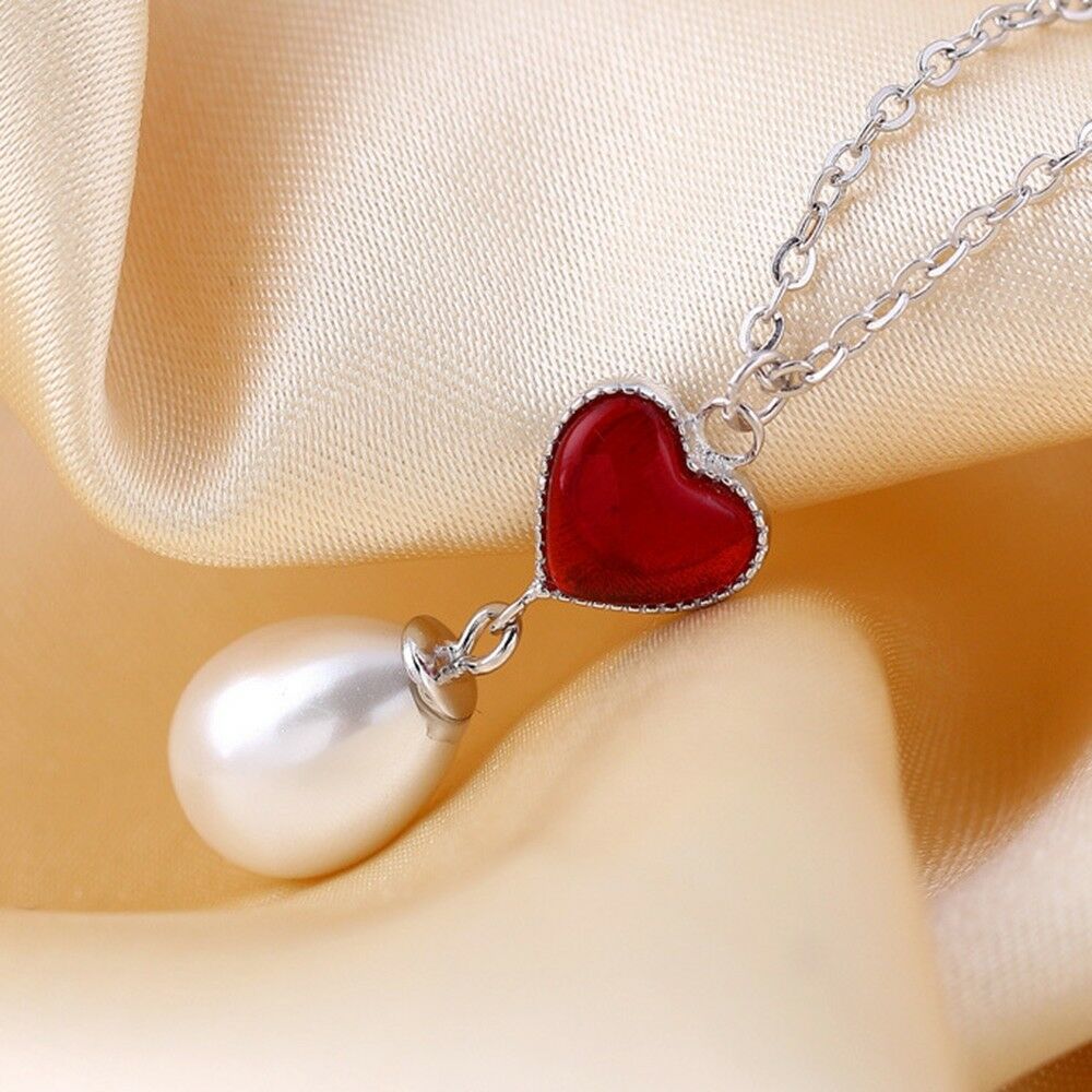 Necklace Romantic Love Heart Hanging Pearl with Silver